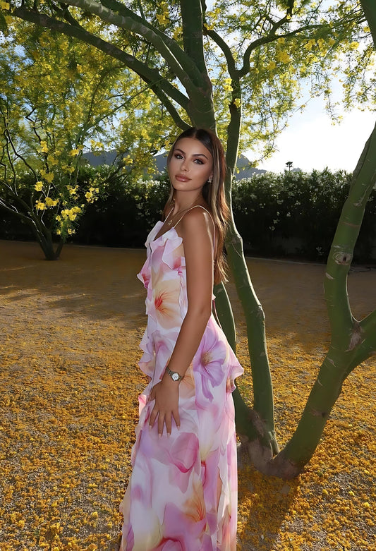 Nylah | Robe Maxi à Volants Fleuries – Charme Floral et Élégance Estivale
